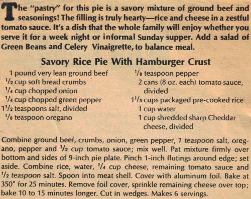 Recipe Clipping For Savory Rice Pie With Hamburger Crust