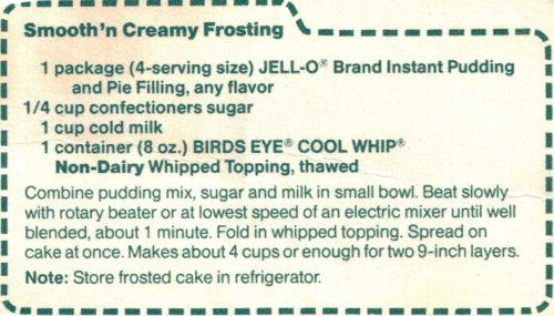 Cool Whip's Smooth'n Creamy Frosting Label Recipe
