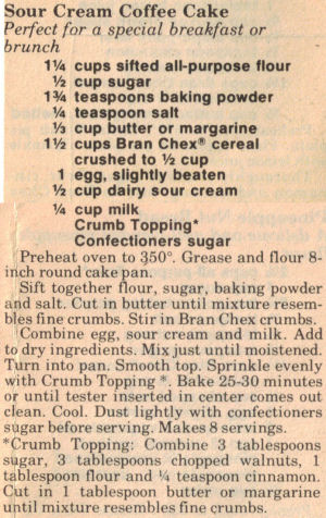 Vintage Recipe Clipping For Chex Sour Cream Coffee Cake
