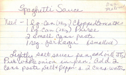 Handwritten Recipe Card For Spaghetti Sauce