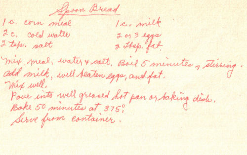 Handwritten Recipe For Spoon Bread