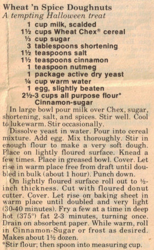 Vintage Recipe Clipping For Chex Wheat 'n Spice Doughnuts