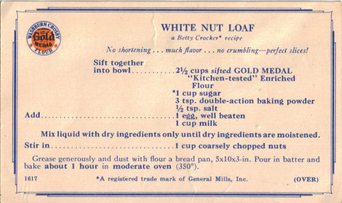 Vintage Recipe Card For White Nut Loaf