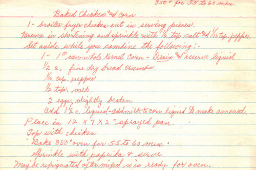 Handwritten Recipe For Baked Chicken & Corn Casserole