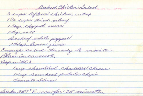 Handwritten Recipe For Baked Chicken Salad