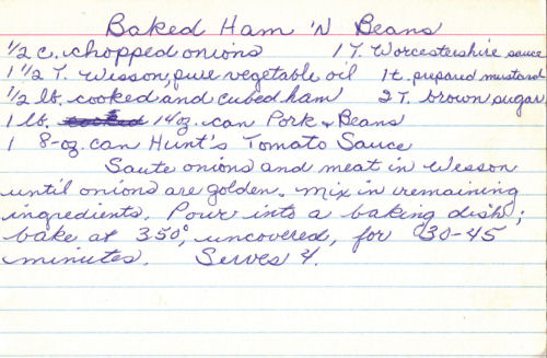 Handwritten Recipe For Baked Ham 'N Beans Casserole
