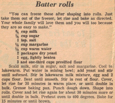 Vintage Recipe Clipping For Batter Rolls