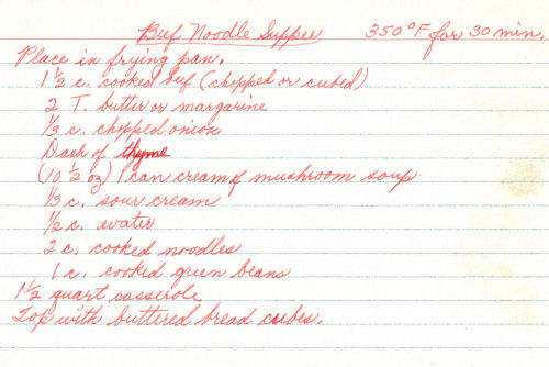 Handwritten Recipe For Beef Noodle Supper Casserole