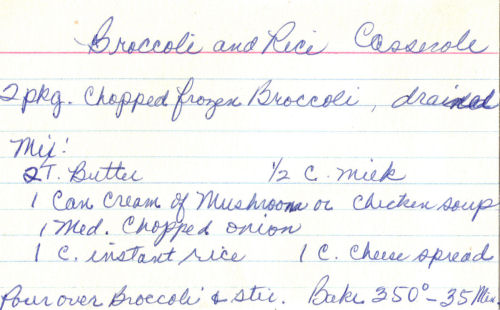 Handwritten Recipe Card For Broccoli And Rice Casserole