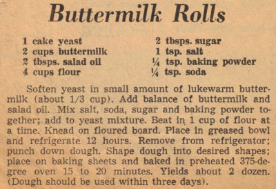 Recipe Clipping For Buttermilk Rolls