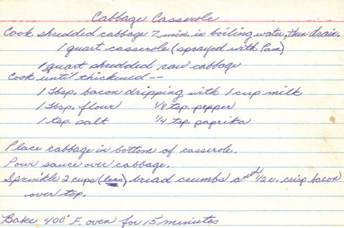 Handwritten Recipe For Cabbage Casserole