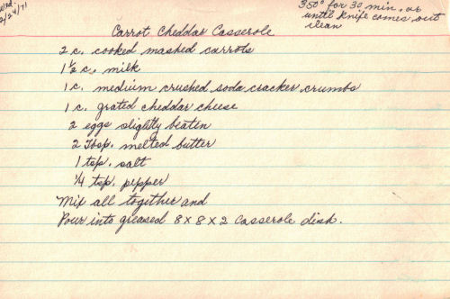 Handwritten Recipe For Carrot Cheddar Casserole