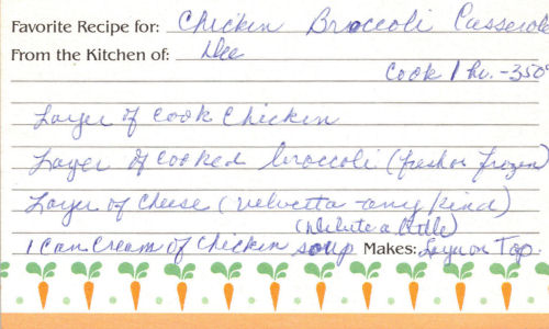 Handwritten Recipe For Chicken Broccoli Casserole