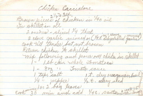 Handwritten Recipe For Chicken Cacciatore