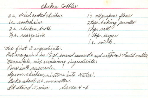 Handwritten Recipe For Chicken Cobbler