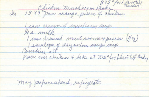 Handwritten Recipe For Chicken Mushroom Bake