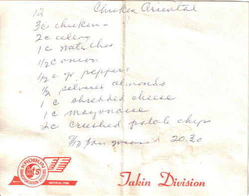 Handwritten Recipe For Chicken Oriental