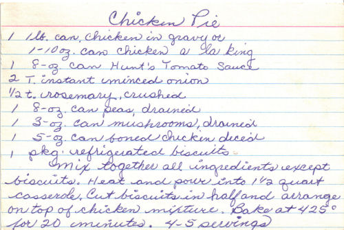 Handwritten Recipe Card For Chicken Pie