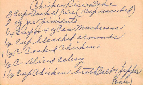 Handwritten Recipe Card For Chicken Rice Bake Casserole