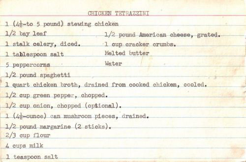 Typed Recipe Card For Chicken Tetrazzini