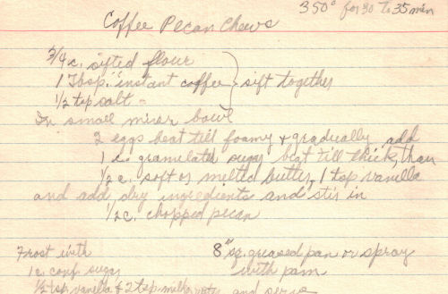 Handwritten Recipe For Coffee Pecan Chews
