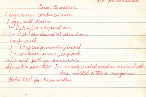 Handwritten Recipe For Corn Casserole