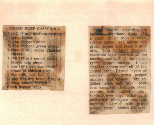 Recipe Clipping Card For Corned Beef Casserole