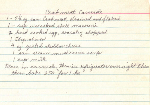 Handwritten Recipe For Crab Meat Casserole