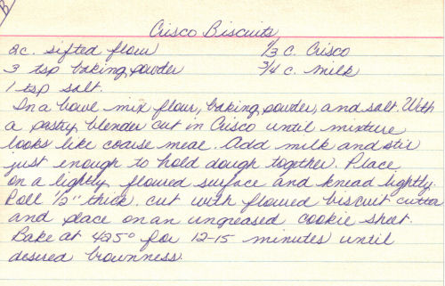 Handwritten Recipe For Crisco Biscuits