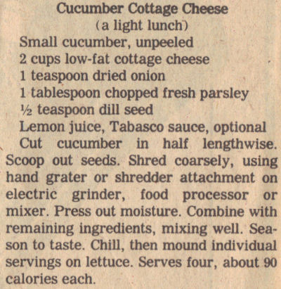 Recipe Clipping For Cucumber Cottage Cheese