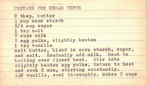 Typed Recipe Card For Custard For Cream Puffs