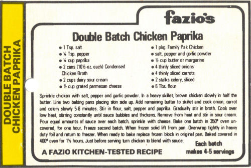 Fazio's Recipe Card For Double Batch Chicken Paprika