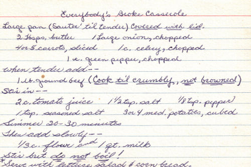 Handwritten Recipe For Everybody's Broke Casserole