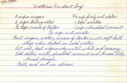 Handwritten Recipe For Watkins Fondant Loaf
