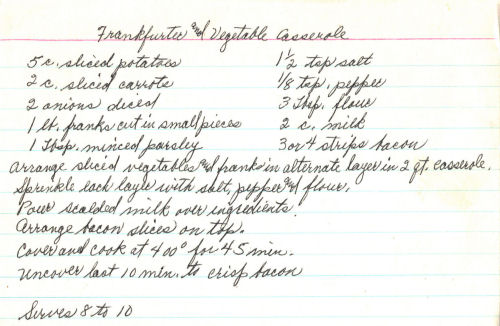Handwritten Recipe For Frankfurter & Vegetable Casserole