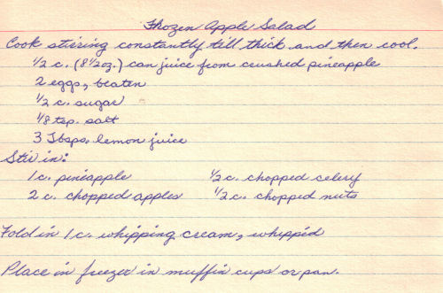 Handwritten Recipe For Frozen Apple Salad