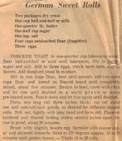 Recipe Clipping For German Sweet Rolls
