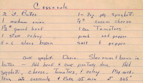 Handwritten Recipe Card For Ground Beef & Spaghetti Casserole