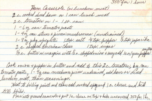 Handwritten Recipe For Ham Casserole