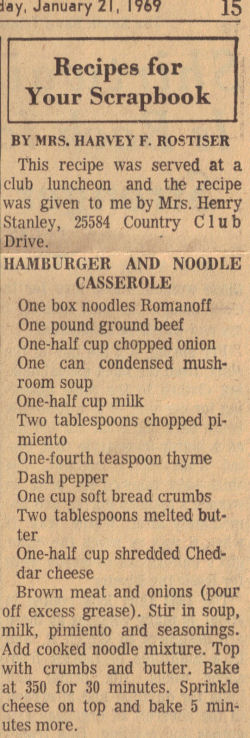 Vintage Recipe Clipping For Hamburger & Noodle Casserole