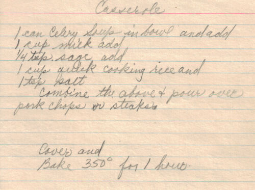 Handwritten Recipe For Pork Chops Casserole