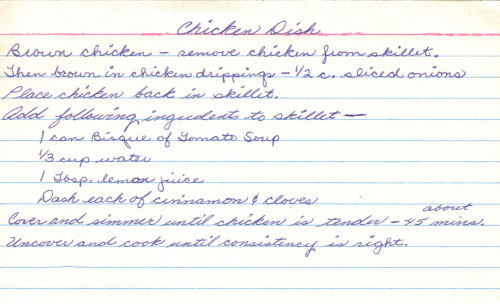 Chicken Dish Handwritten Recipe Card