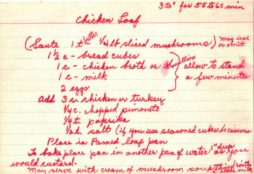 Handwritten Recipe For Chicken Loaf