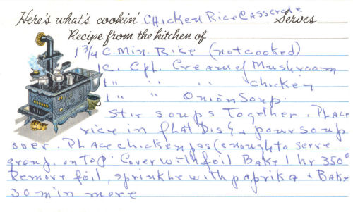 Handwritten Recipe Card For Chicken Rice Casserole