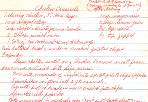 Handwritten Recipe Card For Chicken Casserole