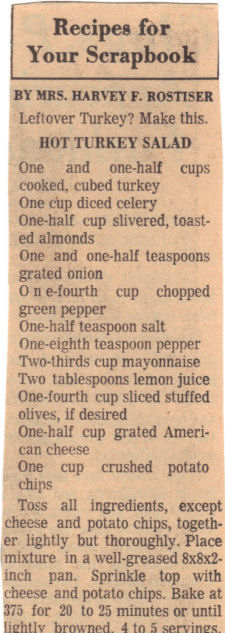Recipe Clipping For Hot Turkey Salad