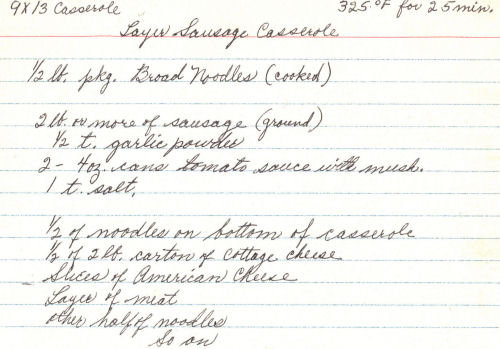 Handwritten Recipe For Layer Sausage Casserole