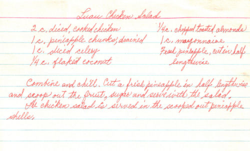 Handwritten Recipe Card For Luau Chicken Salad