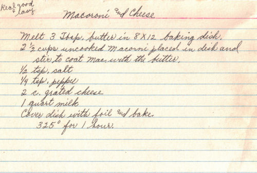 Handwritten Recipe For Macaroni & Cheese