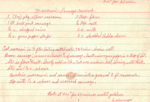 Handwritten Recipe For Macaroni - Sausage Casserole
